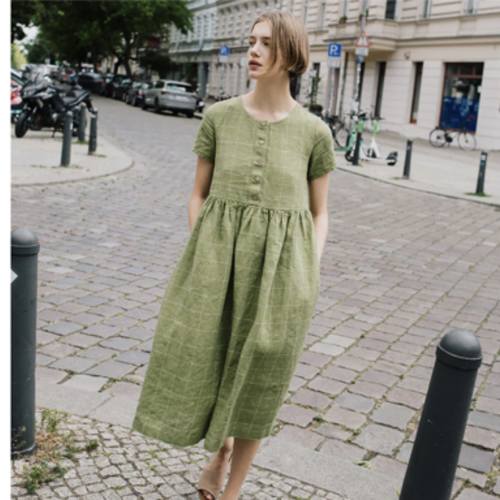 Gingham Linen Maxi Dress – MAMA-2 Short Sleeve (Green) | notPERFECTLINEN