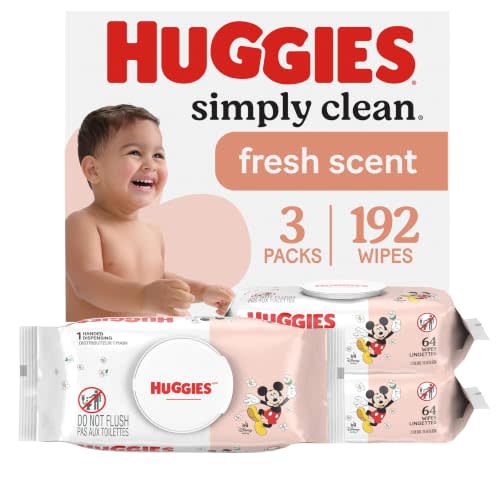 Huggies Simply Clean Baby Wipes, Fresh Scent, 3 Packs, 192 Wipes | Softer & Stronger, Scented Wipe, Hypoallergenic, Dermatologist-Tested, pH Balanced, Grab & Go