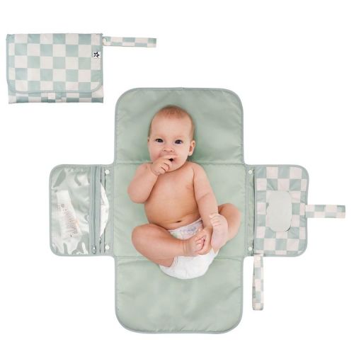 Tiny Twinkle Portable/Foldable Waterproof Diaper Changing Pad with Smart Wipes Pocket (Sage Checkers)