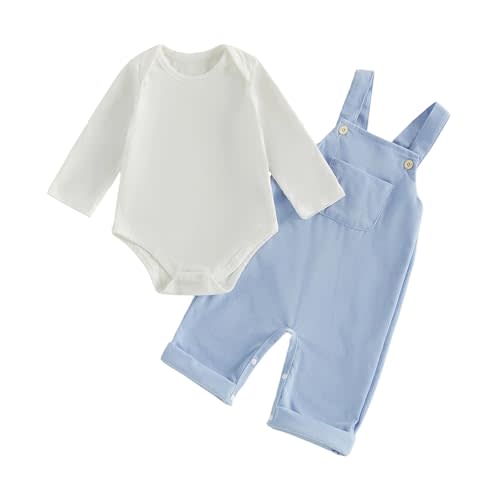 Newborn Baby Boy Clothes Infant Long Sleeve Romper Waffle Suspender Overalls Pants Hat Set Fall Winter Outfits