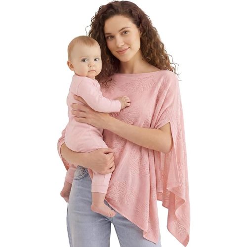 PATPAT Mesh Nursing Cover, Breathable Jacquard Knit Poncho, Blush Pink