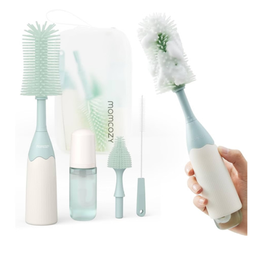Momcozy Bottle Brush Kit, Innovative Push-Press Design for Better Cleaning - Baby Bottle Cleaner Brush for Baby Bottle, Breast Pumps, Nipples, and More - Can Generate Foam for Better Cleaning, Green