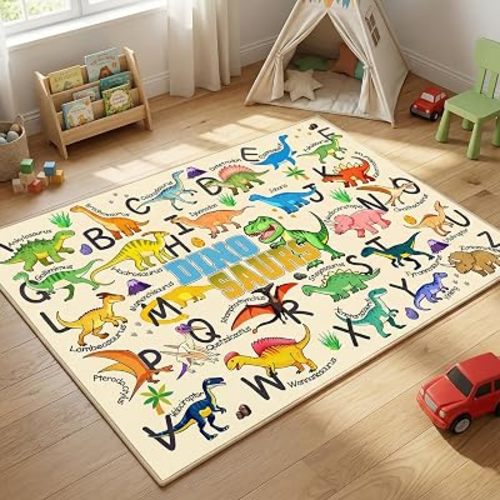 Dinosaur Area Rug with ABC Alphabet, Kids Rugs for Playroom 3x5, Non Slip Educational Play Mat for Bedroom Nursery Classroom, Toddler Learning Carpet