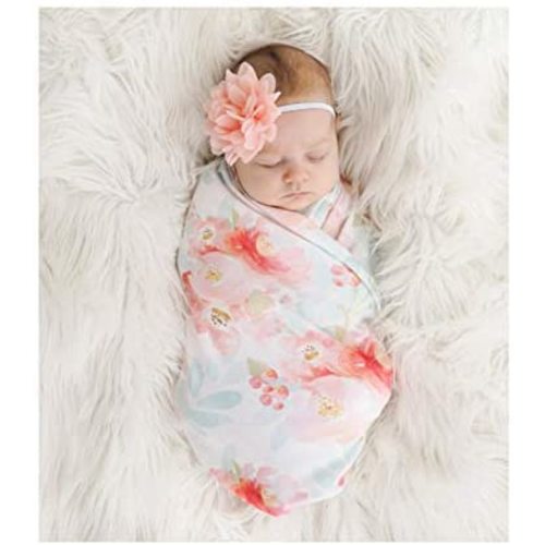 Giggle Angel Baby Receiving Blanket Swaddle Blanket Newborn Wrap Swaddle Headband Set -Bloom Flower Pattern