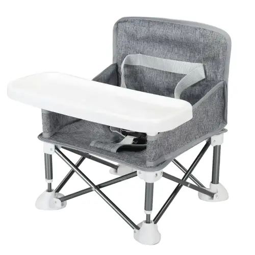 UBRAVOO Travel Booster Seat, Upgraded Toddler Portable Baby Chair with Storage Bag | Tray | Safety Harness, Foldable Baby Seat for Indoor/Outdoor, Camping, Picnic, Beach (Linen grey)