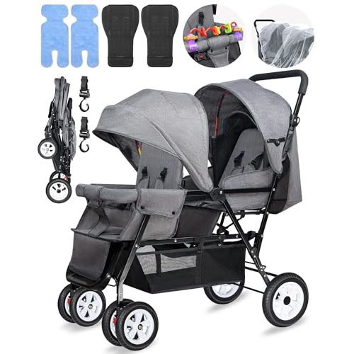 Double Stroller for Infant Toddler, Foldable Double Baby Stroller with Tandem Seating and Adjustable Backrest - Extra Gift Toys/Mosquito Net/Sleeping Mats/ 2 Hooks/ 2 Cotton Pads（Grey）