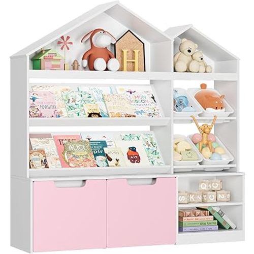 Toy Organizers and Storage, Small Bookcase and Pink Bookshelf with 2 Drawers and 4 Mobile Toy Boxes, Playroom Organization and Storage, Toy Storage Organizer for Living Room