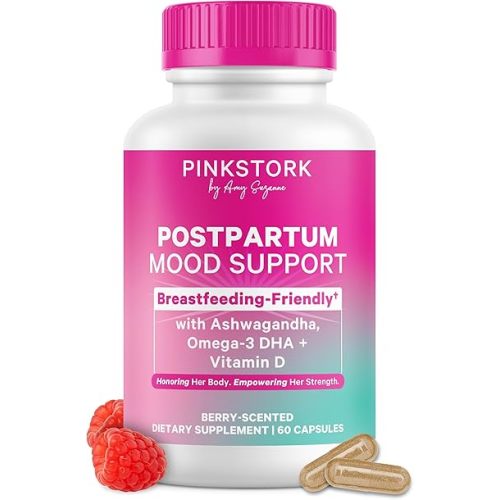 Pink Stork Postpartum Mood Support - Postnatal Hormone Balance for Women - Breastfeeding Friendly New Mom Essentials - Ashwagandha, Chamomile, & Vitamin D - Stress & Mood, 60 Capsules