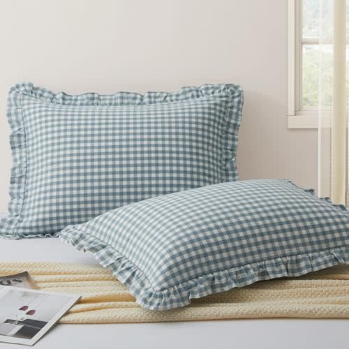 KKJIAF 2 Pcs Plaid Ruffle Pillow Case Standard Size, Dusty Blue Plaid | Ruffled Gingham Cotton Pillowcases 20x26 Inch, Linen Feel Plaid Bed Pillow Shams with Envelope Closure for Sofa Bed