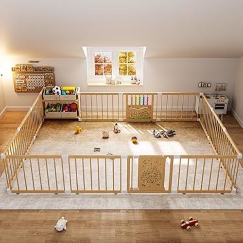 IKALIFE Extra Large Wooden Baby Storage Playpen - Adjustable Play Yard for Babies and Toddlers, Baby Fence Activity Center with Locking Gate, 4 Toy Storage Cases Play Pen 13+3 Panels 70.9”×94.5”