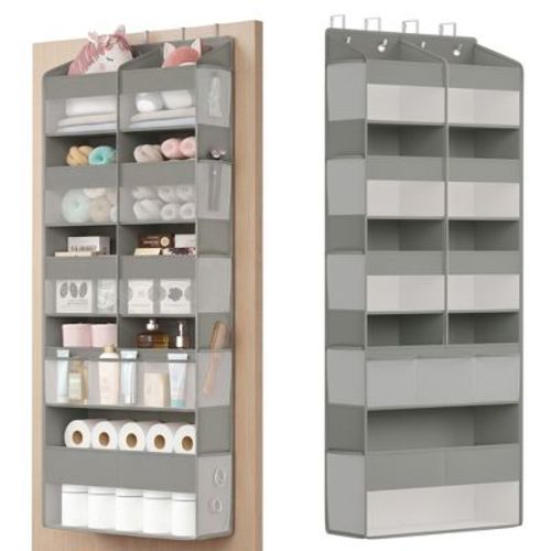 SONGMICS Over-the-Door Organizer, 9-Compartment Door Hanging Storage Shelf, Foldable Closet Hanging Organizer, Heavy-Duty, Transparent, Dove Gray