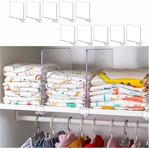 Yieach 10 Pack Clear Acrylic Shelf Divider for Closet Organization - 9.2″ Tall Closet Dividers for Wood Shelves,Cupboard,Vertical Shelf Separators in Closet for T-Shirt,Purse,Handbag,Sweater Organizer