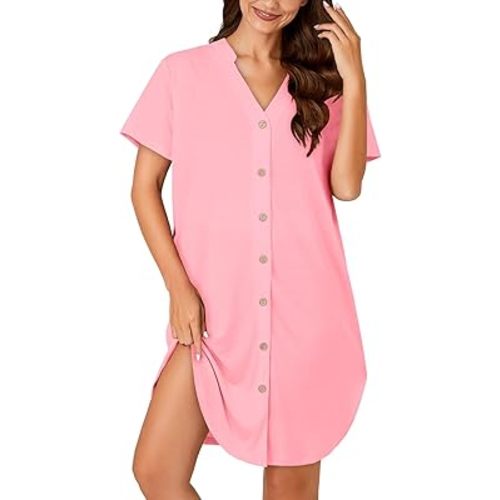 Vrtige Women's Cotton Striped Nightshirt Notch V Neck Short Sleeve Button Down Nightdress Nightgown