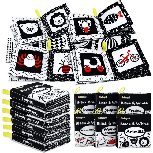 Dr.Rapeti Soft Cloth Books Baby Books Bath Books 6-Pack for Baby Infant Toddler Kids High Contrast Black and White Crinkle Washable Chewable Non-Toxic Early Educational Giftable