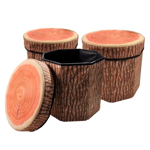 CHEFAN Fruit Storage Stool Ottoman,Tree Stump Stool,Cute Folding Storage Toy Box,Collapsible Seat Chest,Wood Stump Organizer Stool for Toy,Cloth and Kids（3pcs