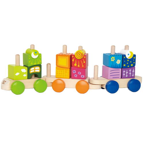 Hape: Fantasia Blocks Train - Wooden Sorting & Stacking Toy, Colorful & Pattern Pieces, Push & Pull, 3 Peg Train Car Playset, Toddler & Kids Age 18mo+