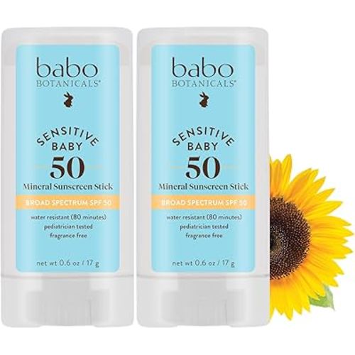 Babo Botanicals Sensitive Baby Mineral Sunscreen Stick SPF 50-70% Organic Ingredients - Zinc Oxide - NSF & Made Safe Certified - EWG Verified - Water Resistant - Fragrance-Free - for Babies & Kids