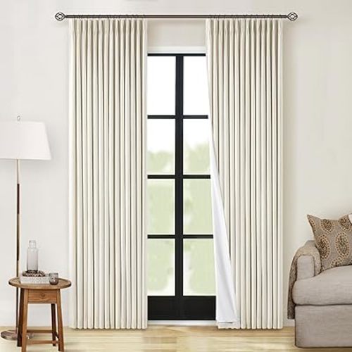 Beige Linen Pinch Pleat Blackout Curtains 84 Inch Length 2 Panels 100% Black Out Curtains with Hooks Rings Track Back Tab for Bedroom Living Room Darkening Soundproof Pinch Pleated Drapes 2 Layer