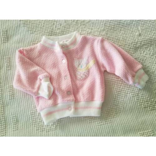 Sale Vintage cardigan, Small Steps, 6/9m, baby, infant, girl, long sleeves, button up, knit, cat, pink, acrylic, embroidered, applique, 80s