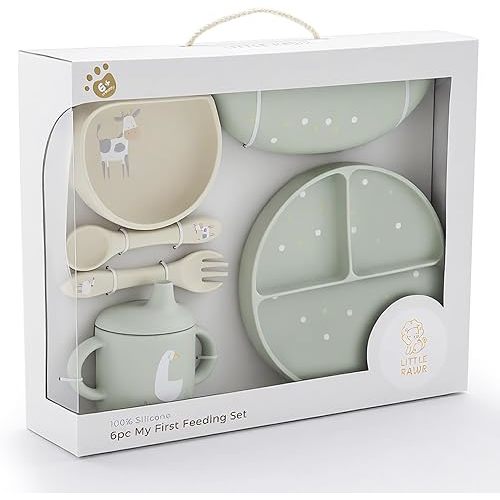 Little Rawr Baby Led Weaning Bundle, 100% Silicone Baby Feeding Set Includes Divided Plate, Suction Bowl, Straw Cup, Bib, Spoon & Fork, Develops Self Feeding Skills, Dishwasher Safe (Green)