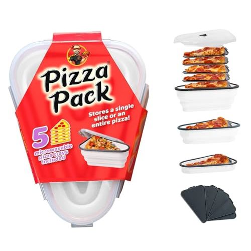 The Perfect Pizza Pack™ - Reusable Pizza Storage Container with 5 Microwavable Serving Trays - BPA-Free Adjustable Pizza Slice Container to Organize & Save Space, White