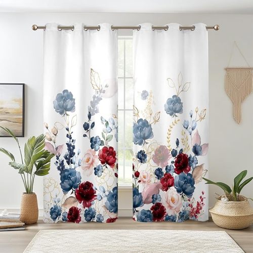 Renaiss Floral Blackout Curtains Watercolor Gray Blue and Red Peony Flower Bloossom Thermal Insulated Window Drapes for Bedroom 53W x 63L inches 2 Panel Set Window Curtains for Living Room