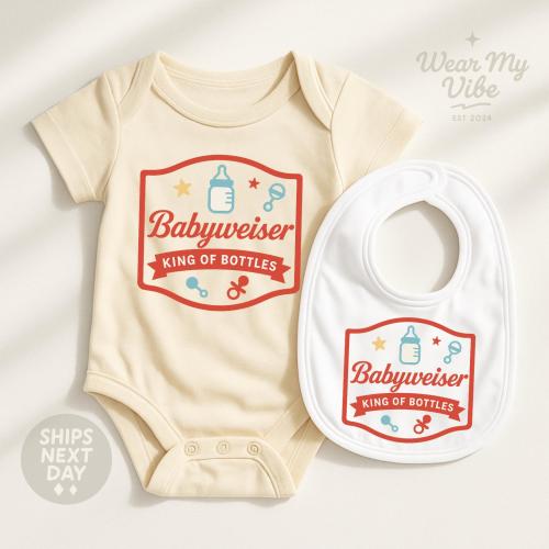 Funny Babyweiser Onesie® & Bib Set: King of Bottles Newborn Gift