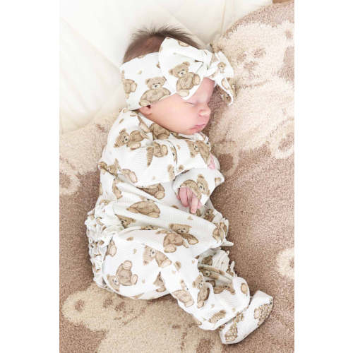 Beary Sweet Bamboo Waffle Zipper Ruffle One-Piece Footie | Caden Lane