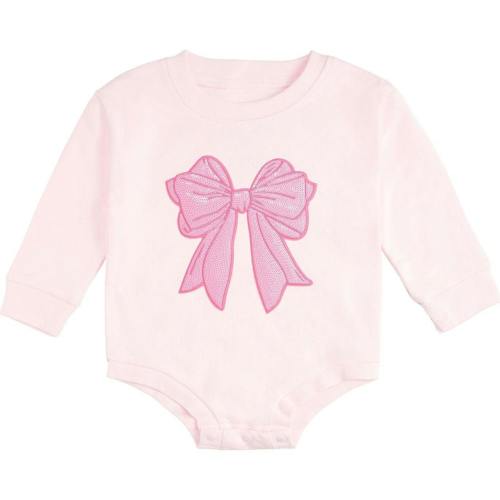 Pink Bow Sequin Patch Long Sleeve Romper