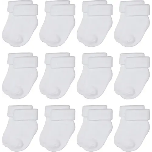 RATIVE Newborn 0-3 Months and Infant 3-12 Months Thick Terry Turn Cuff Socks for Baby Boys Girls - 12-pairs/White