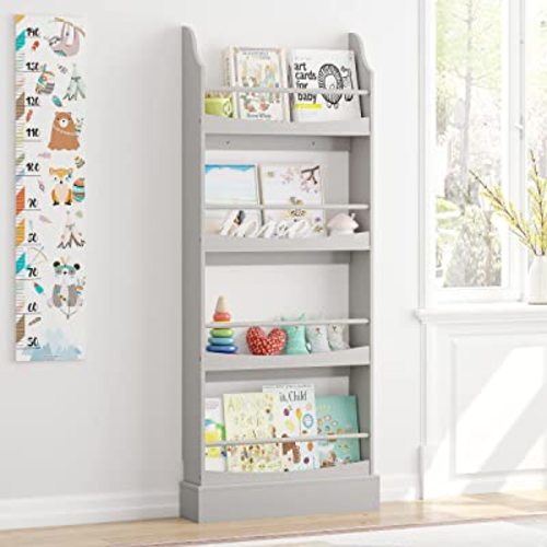 UTEX Kids Bookshelf,4 Tiers Children's Bookcases and Storage, Kids Bookcase Rack Wall for Bedroom,Study Living Room,Gray