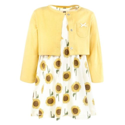 Hudson Baby Baby Girls Cotton Dress and Cardigan Set, Sunshine Sunflower, 18-24 Months
