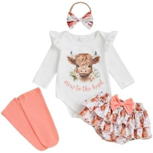 Newborn Western Baby Girl Clothes Cowgirl Outfit Highland Cow Long Sleeve Romper Ruffle Shorts Set Fall Winter Clothes