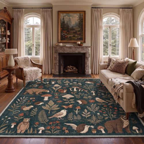 GENIMO 8X10 Washable Area Rug for Living Room, Animal Forest Non Slip | Low Pile Dark Green Biomimetic Rug for Dining Room and Bedroom, Stain Resistant Polyester Rug, Easy Care, Pet-Friendly