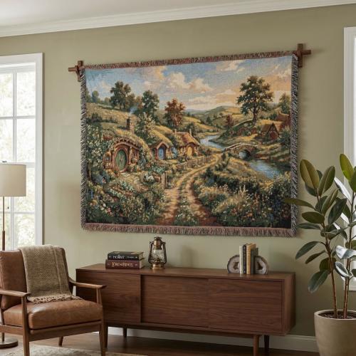 The Shire Woven Throw Blanket, Hobbit Hole Landscape Tapestry, Middle Earth Inspired Home Decor, Fantasy Forest Wall Hanging, Fantasy Lovers