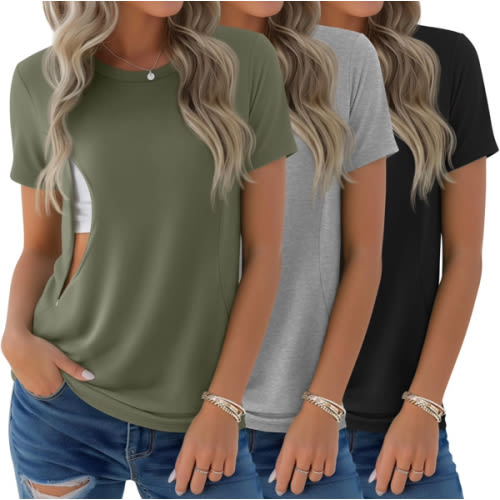 3 Pack Women's Nursing Shirts for Breastfeeding with Zippers Maternity Loose Short Sleeve Tops Pregnancy Clothes