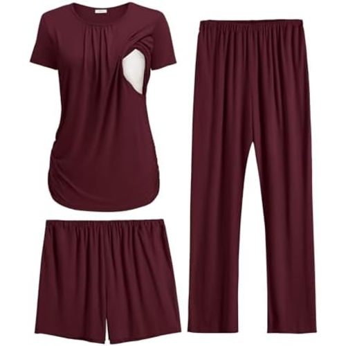 Ekouaer Maternity Nursing Pajamas Set 3 Piece Postpartum Lounge Breastfeeding Pjs Pregnancy Shorts & Pants S-XXL