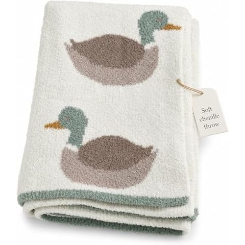 Mud Pie Mallard Duck Chenille Throw Soft Cozy Blanket, Seasonal Home Decor, Plush Giftable Blanket, Decorative Throw