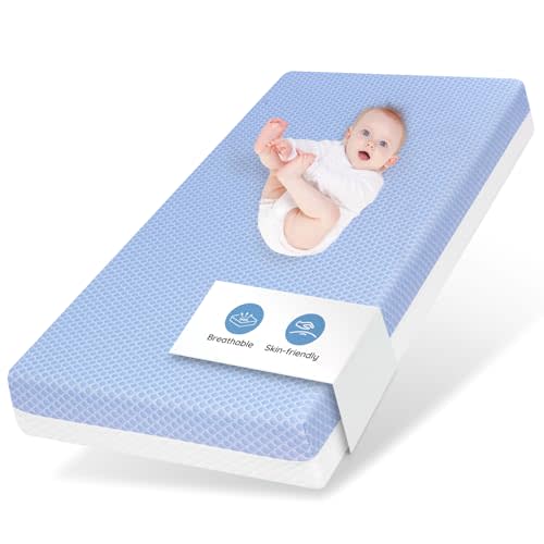 voomf Crib Mattress Dual Sided Memory Foam Baby Toddler Bed Mattress, 52" x 27.6" x 5.5" Soft Breathable Mattresses with Removable Machine Washable Cover, Fits Standard Cribs&Toddler Beds, White&Blue
