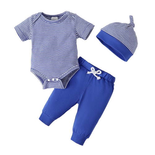 Newborn Baby Boys Clothes Baby Boys Outfits 0-3 Months Boys Short Sleeve Top Pants Hat 3PCS Clothing Set Blue