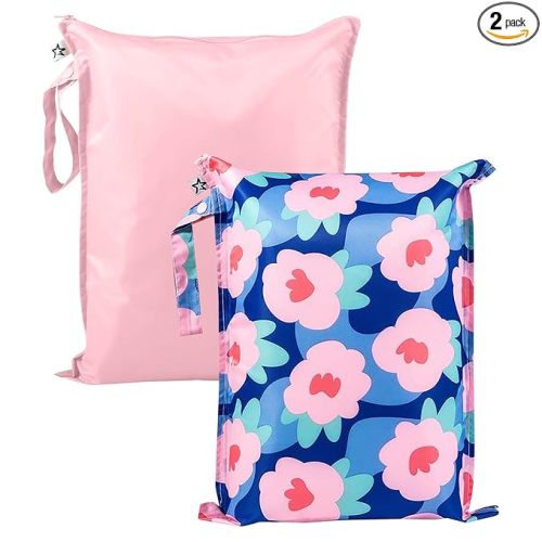 Tiny Twinkle Mess Proof Wet Bags | 2-Pack Reusable Waterproof Wet Bags for Swimsuits | Baby Clothes | Travel & Diaper Bag (Blue Floral)