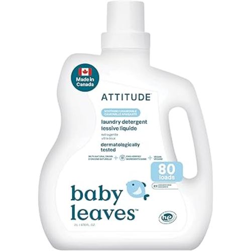 ATTITUDE Baby Laundry Detergent Liquid, Made in Canada, EWG Verified, Safe for Baby Clothes, Infant and Newborn, Naturally Derived, HE Compatible, Soothing Chamomile, 80 Loads, 2 L (AMAZON EXCLUSIVE)
