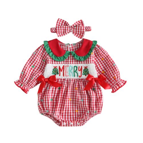 Baby Girl Christmas Romper Long Sleeve Bubble Bodysuit 0-18M | My First Christmas Baby Girl Outfits Newborn Christmas Tree Plaid Doll Collar Rompers Smoked Tops Infant Fall Winter Clothes