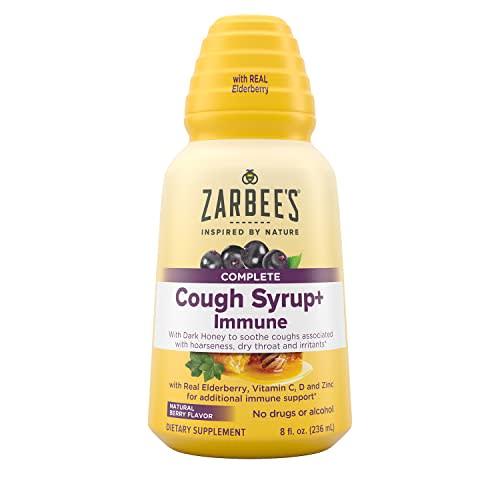 Zarbee's Adult Daytime Cough Syrup + Immune With Honey, Real Elderberry, Vitamin C, D & Zinc For Immune support, Drug & Alcohol-Free, Gluten-Free, Ages 12+, Natural Berry Flavor, 8 Fl. oz