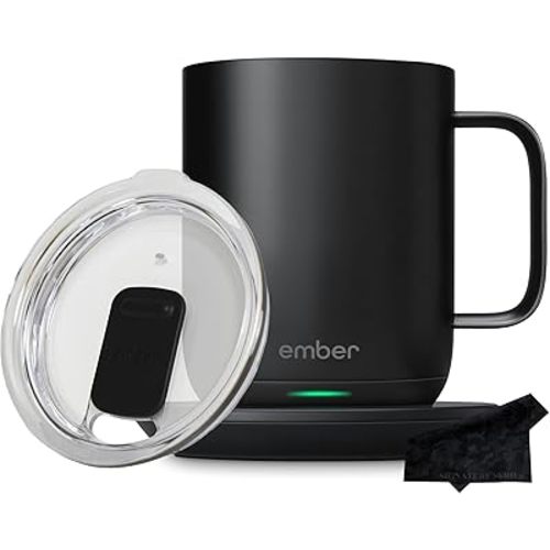 Ember Temperature Control Smart Mug - 10 oz Black, App Controlled Heated Coffee Cup, Double Battery Life, Sliding Lid, Signature Series Cloth