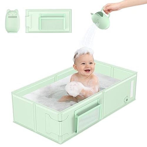 Travel Baby Bathtub, Collapsible & Portable Bathtub with Cat-Patterned Bath Rinse Cup,Foldable Bath Tub for Small Bathroom,Toddler Tub for 6M-5Y,Baby Travel Essentials for Hotel,Camping & Beach