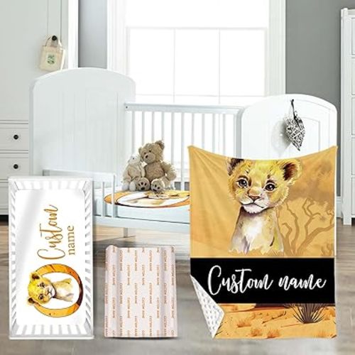 Personalized Name Crib Bedding Set for Infant Baby, Custom Nursery Decor Baby Blanket Fitted Crib Sheet Changing Pad Cover 3 Pcs, Yellow Lion Theme