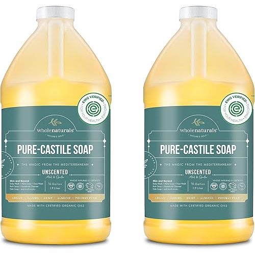 Pure Castile Soap Liquid Unscented, EWG Verified & Certified Palm Oil Free-1 gallon (64oz x2 bottles) Natural, Mild & Gentle Non-gmo & Vegan-Organic Body Wash, Laundry & Baby Soap