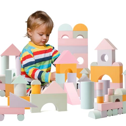34 Large Foam Blocks for Toddlers - Pastel Stacking Soft Blocks for Kids | 34 jumbo soft EVA foam blocks in pastel colors - stack, build and float in the bath. Storage bag included. Non-toxic, ages 3+