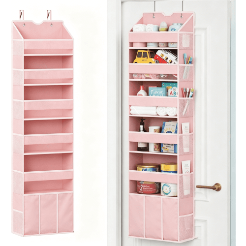 Soluxeo Over the Door Organizer, Features 6 Shelves with 6 Clear Front Pockets and 12 Side Pockets, Can Hold Up to 50LB for Secure Storage Behind Doors in Closets, Bedrooms, Bathrooms